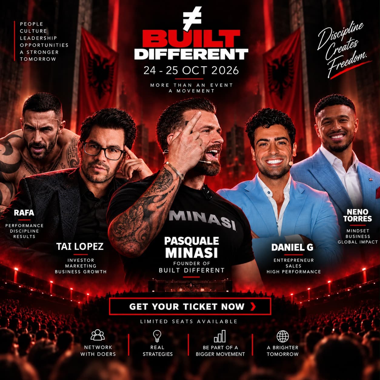 Built Different 3.0 line-up poster: Rafa, Tai Lopez, Pasquale Minasi, Daniel G, Neno Torres